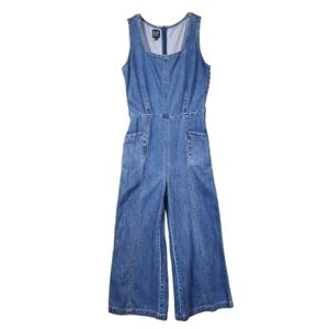 GAP Women's Classy Blue Denim Overalls Style Jumpsuit Cropped Ankle Square Neck